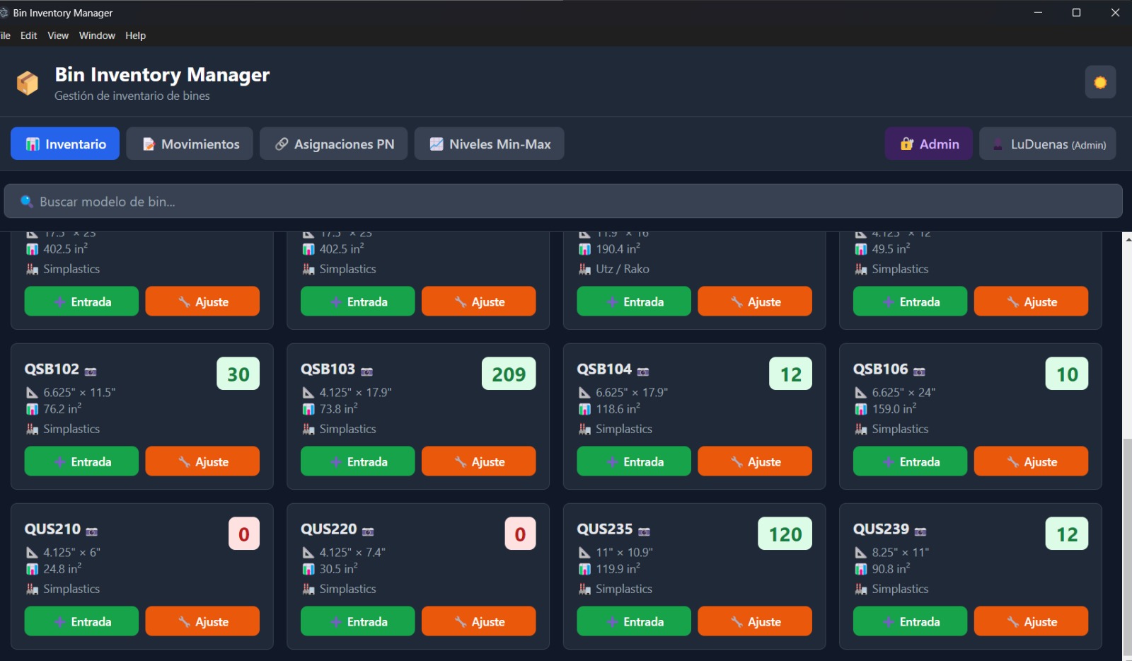 Bin Inventory — inventario en vivo 1