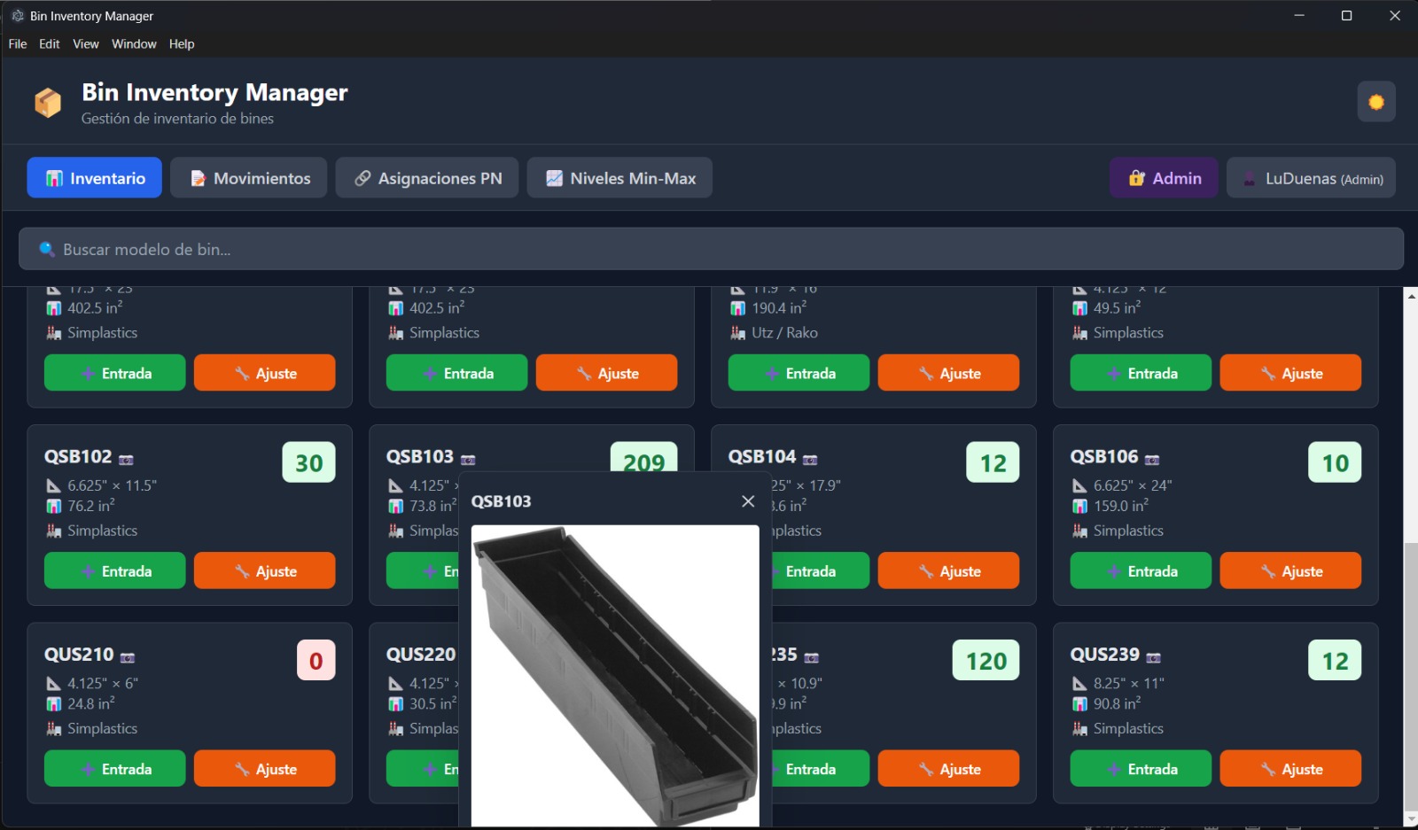 Bin Inventory — inventario en vivo 2