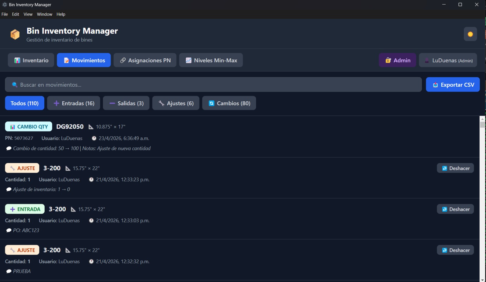 Bin Inventory — inventario en vivo 3