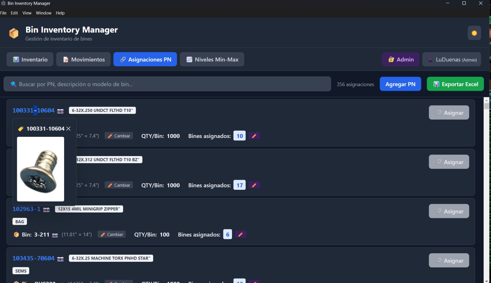 Bin Inventory — inventario en vivo 4